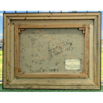 QUADRO DIPINTO OLIO TELA Luciano Lutring 1993 PAESAGGIO MARINA Velieri sul Mare