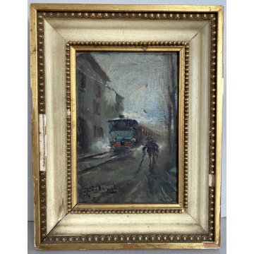 PICCOLO DIPINTO OLIO Giuseppe Solenghi PAESAGGIO URBANO Milano TRENO PIOGGIA 900
