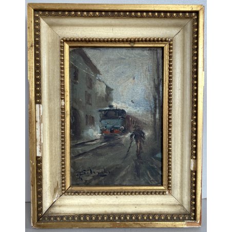 PICCOLO DIPINTO OLIO Giuseppe Solenghi PAESAGGIO URBANO Milano TRENO PIOGGIA 900