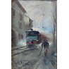 PICCOLO DIPINTO OLIO Giuseppe Solenghi PAESAGGIO URBANO Milano TRENO PIOGGIA 900