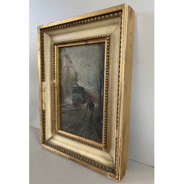 PICCOLO DIPINTO OLIO Giuseppe Solenghi PAESAGGIO URBANO Milano TRENO PIOGGIA 900