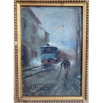 PICCOLO DIPINTO OLIO Giuseppe Solenghi PAESAGGIO URBANO Milano TRENO PIOGGIA 900