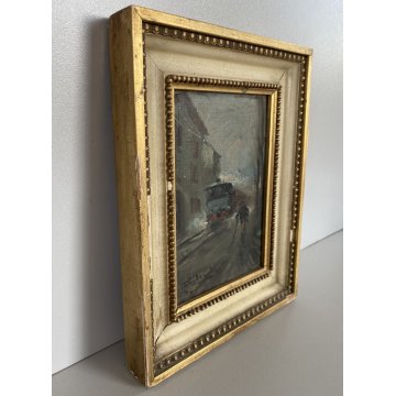 PICCOLO DIPINTO OLIO Giuseppe Solenghi PAESAGGIO URBANO Milano TRENO PIOGGIA 900