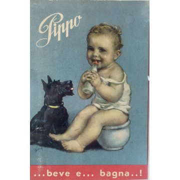 ILLUSTRAZIONE VINTAGE SCATOLA BAMBOLA Pippo ...Beve e bagna... RATTI Arona '40