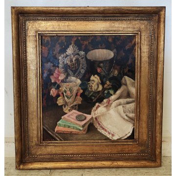 ANTICO QUADRO DIPINTO OLIO TAVOLA C. Vitale GRAZIA RICEVUTA Natura Morta XX sec.