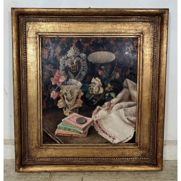 ANTICO QUADRO DIPINTO OLIO TAVOLA C. Vitale GRAZIA RICEVUTA Natura Morta XX sec.