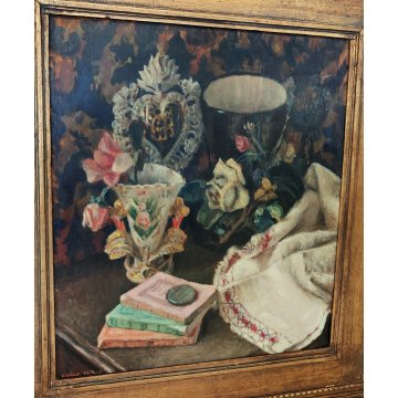 ANTICO QUADRO DIPINTO OLIO TAVOLA C. Vitale GRAZIA RICEVUTA Natura Morta XX sec.