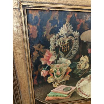 ANTICO QUADRO DIPINTO OLIO TAVOLA C. Vitale GRAZIA RICEVUTA Natura Morta XX sec.