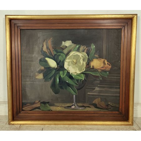 ANTICO QUADRO DIPINTO OLIO TELA Donnino Pozzi NATURA MORTA fiori MAGNOLIA XX sec