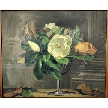 ANTICO QUADRO DIPINTO OLIO TELA Donnino Pozzi NATURA MORTA fiori MAGNOLIA XX sec