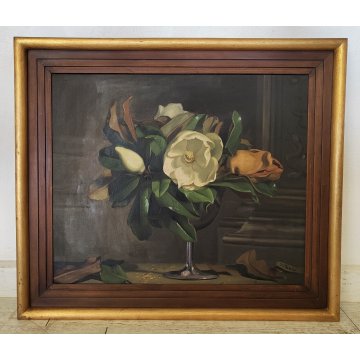 ANTICO QUADRO DIPINTO OLIO TELA Donnino Pozzi NATURA MORTA fiori MAGNOLIA XX sec