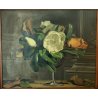 ANTICO QUADRO DIPINTO OLIO TELA Donnino Pozzi NATURA MORTA fiori MAGNOLIA XX sec