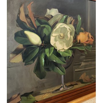 ANTICO QUADRO DIPINTO OLIO TELA Donnino Pozzi NATURA MORTA fiori MAGNOLIA XX sec
