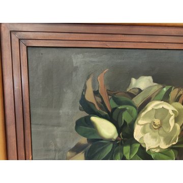 ANTICO QUADRO DIPINTO OLIO TELA Donnino Pozzi NATURA MORTA fiori MAGNOLIA XX sec