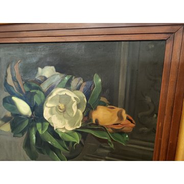 ANTICO QUADRO DIPINTO OLIO TELA Donnino Pozzi NATURA MORTA fiori MAGNOLIA XX sec
