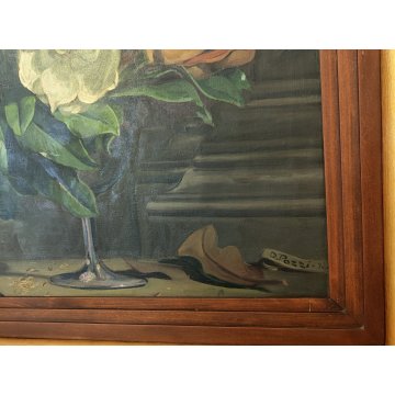 ANTICO QUADRO DIPINTO OLIO TELA Donnino Pozzi NATURA MORTA fiori MAGNOLIA XX sec