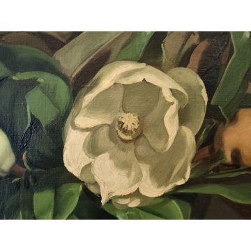 ANTICO QUADRO DIPINTO OLIO TELA Donnino Pozzi NATURA MORTA fiori MAGNOLIA XX sec