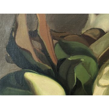 ANTICO QUADRO DIPINTO OLIO TELA Donnino Pozzi NATURA MORTA fiori MAGNOLIA XX sec