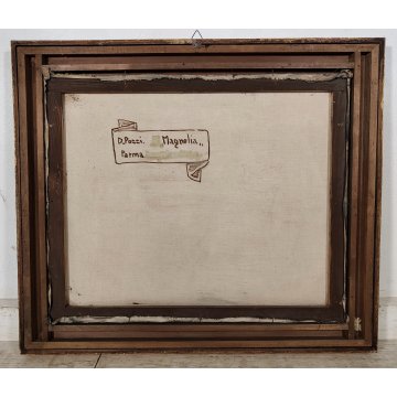 ANTICO QUADRO DIPINTO OLIO TELA Donnino Pozzi NATURA MORTA fiori MAGNOLIA XX sec