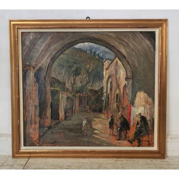 ANTICO QUADRO DIPINTO OLIO Vincenzo D'Angelo PAESAGGIO PAESE bimba ANZIANI epoca