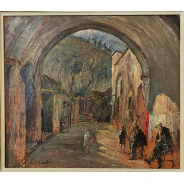 ANTICO QUADRO DIPINTO OLIO Vincenzo D'Angelo PAESAGGIO PAESE bimba ANZIANI epoca