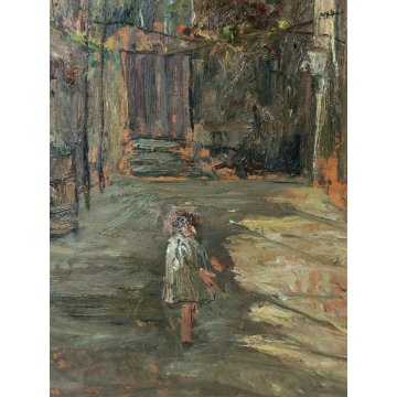 ANTICO QUADRO DIPINTO OLIO Vincenzo D'Angelo PAESAGGIO PAESE bimba ANZIANI epoca