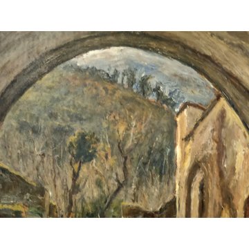 ANTICO QUADRO DIPINTO OLIO Vincenzo D'Angelo PAESAGGIO PAESE bimba ANZIANI epoca