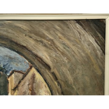 ANTICO QUADRO DIPINTO OLIO Vincenzo D'Angelo PAESAGGIO PAESE bimba ANZIANI epoca