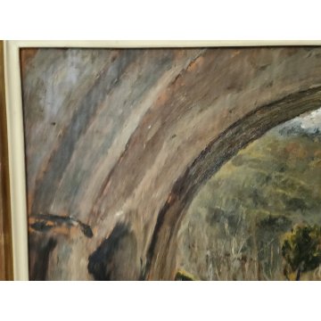 ANTICO QUADRO DIPINTO OLIO Vincenzo D'Angelo PAESAGGIO PAESE bimba ANZIANI epoca