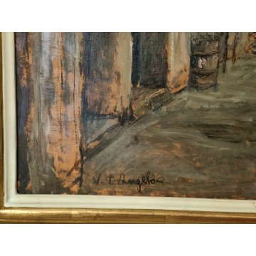 ANTICO QUADRO DIPINTO OLIO Vincenzo D'Angelo PAESAGGIO PAESE bimba ANZIANI epoca