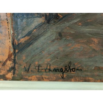 ANTICO QUADRO DIPINTO OLIO Vincenzo D'Angelo PAESAGGIO PAESE bimba ANZIANI epoca