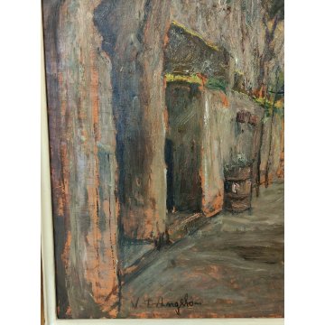 ANTICO QUADRO DIPINTO OLIO Vincenzo D'Angelo PAESAGGIO PAESE bimba ANZIANI epoca