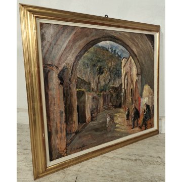 ANTICO QUADRO DIPINTO OLIO Vincenzo D'Angelo PAESAGGIO PAESE bimba ANZIANI epoca