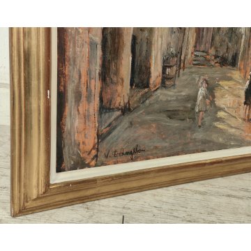 ANTICO QUADRO DIPINTO OLIO Vincenzo D'Angelo PAESAGGIO PAESE bimba ANZIANI epoca