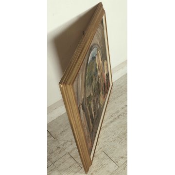 ANTICO QUADRO DIPINTO OLIO Vincenzo D'Angelo PAESAGGIO PAESE bimba ANZIANI epoca