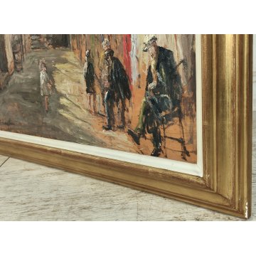 ANTICO QUADRO DIPINTO OLIO Vincenzo D'Angelo PAESAGGIO PAESE bimba ANZIANI epoca