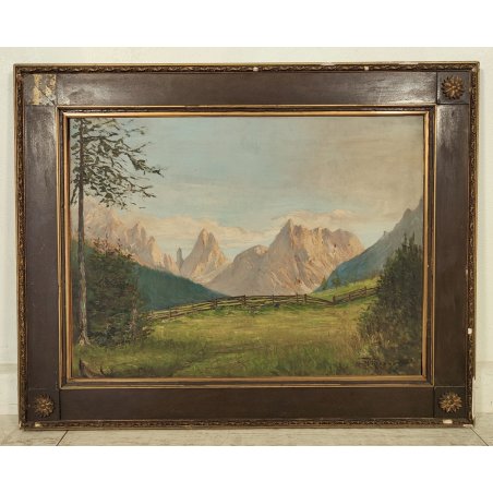 GRANDE ANTICO DIPINTO olio tela VEDUTA MONTAGNA Dolomiti ALPI firmato XIII 1935
