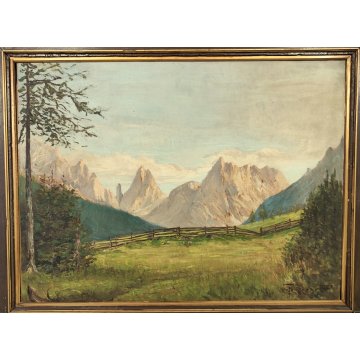 GRANDE ANTICO DIPINTO olio tela VEDUTA MONTAGNA Dolomiti ALPI firmato XIII 1935