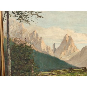 GRANDE ANTICO DIPINTO olio tela VEDUTA MONTAGNA Dolomiti ALPI firmato XIII 1935