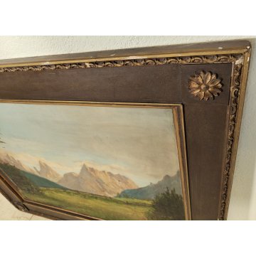 GRANDE ANTICO DIPINTO olio tela VEDUTA MONTAGNA Dolomiti ALPI firmato XIII 1935