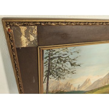 GRANDE ANTICO DIPINTO olio tela VEDUTA MONTAGNA Dolomiti ALPI firmato XIII 1935