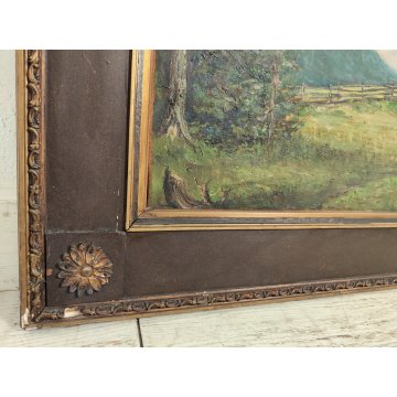 GRANDE ANTICO DIPINTO olio tela VEDUTA MONTAGNA Dolomiti ALPI firmato XIII 1935