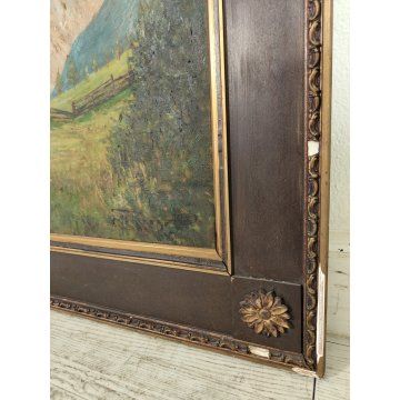 GRANDE ANTICO DIPINTO olio tela VEDUTA MONTAGNA Dolomiti ALPI firmato XIII 1935