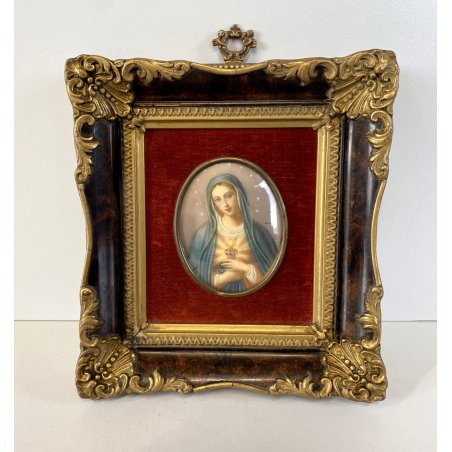 ANTICA MINIATURA ovale MADONNA sacro cuore MARIA cornice RADICA e ORO quadro