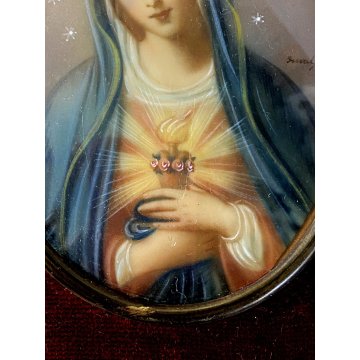 ANTICA MINIATURA ovale MADONNA sacro cuore MARIA cornice RADICA e ORO quadro