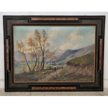 GRANDE ANTICO DIPINTO OLIO Longoni PAESAGGIO ALPINO contadine BAITE GUILLOCHE