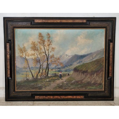 GRANDE ANTICO DIPINTO OLIO Longoni PAESAGGIO ALPINO contadine BAITE GUILLOCHE