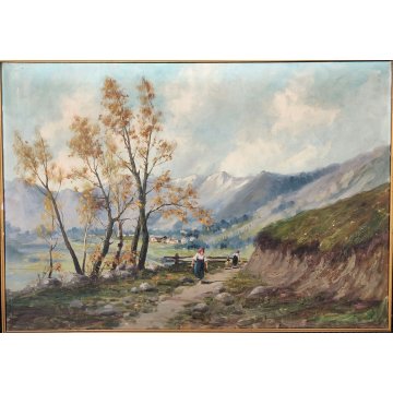 GRANDE ANTICO DIPINTO OLIO Longoni PAESAGGIO ALPINO contadine BAITE GUILLOCHE