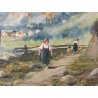 GRANDE ANTICO DIPINTO OLIO Longoni PAESAGGIO ALPINO contadine BAITE GUILLOCHE