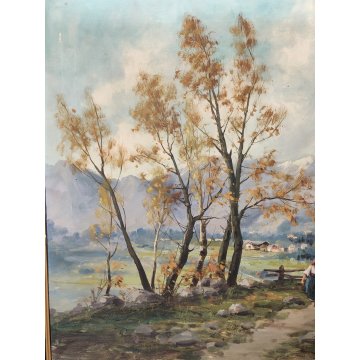 GRANDE ANTICO DIPINTO OLIO Longoni PAESAGGIO ALPINO contadine BAITE GUILLOCHE